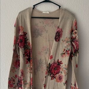 Beige Floral Open-Front Women's Cardigan Sweater